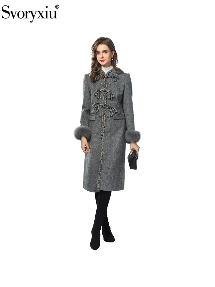 Svoryxiu Fashion Runway Winter Dark Grey Knee-Length Outerwear Women's Stand Collar Disc Buckle Fur Long Sleeve High Waist Coat