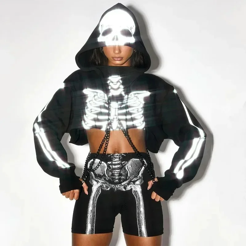 

Halloween Y2K Punk Hip Hop Skull Hoodies Outerwear Reflective Short Printed Hoodie Women Autumn Winter Couple Hoodie Top New