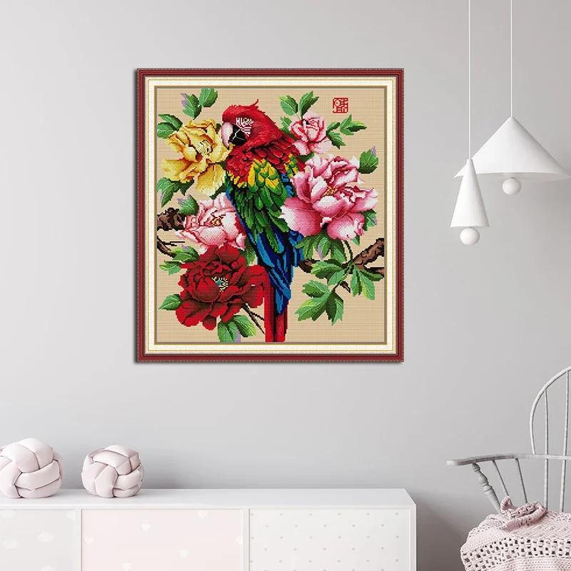 Joy Sunday Beautiful Parrot Pattern Print Cross Stitch Kit Aida 16CT 14CT DIY Folk Craft Needle Hand Embroidery Sets For Gift