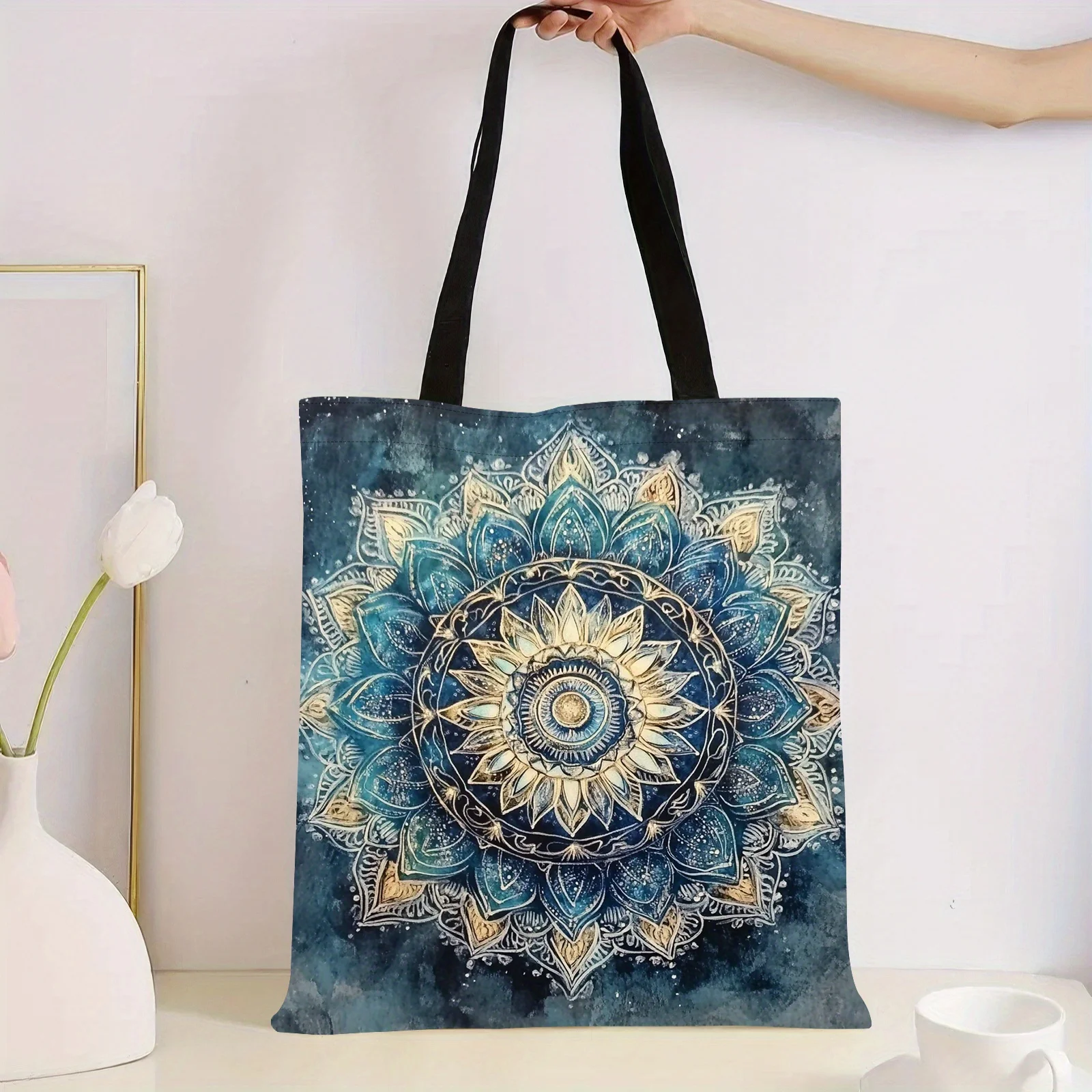 1pc Bohemian Mandala Tote Bag Reusable Shoulder Shopping Bag Blue Golden Floral Design High Quality Handbag