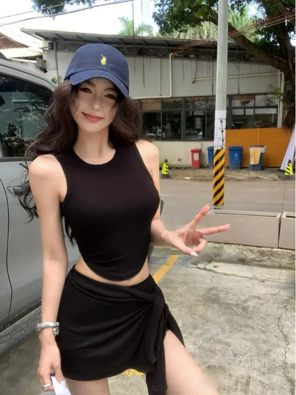 

American BM Sle Casual Faion Set Women's Summer New Design Sense Tie Waist f Skirt Irregular Hem Vest Two-Piece Cotton...