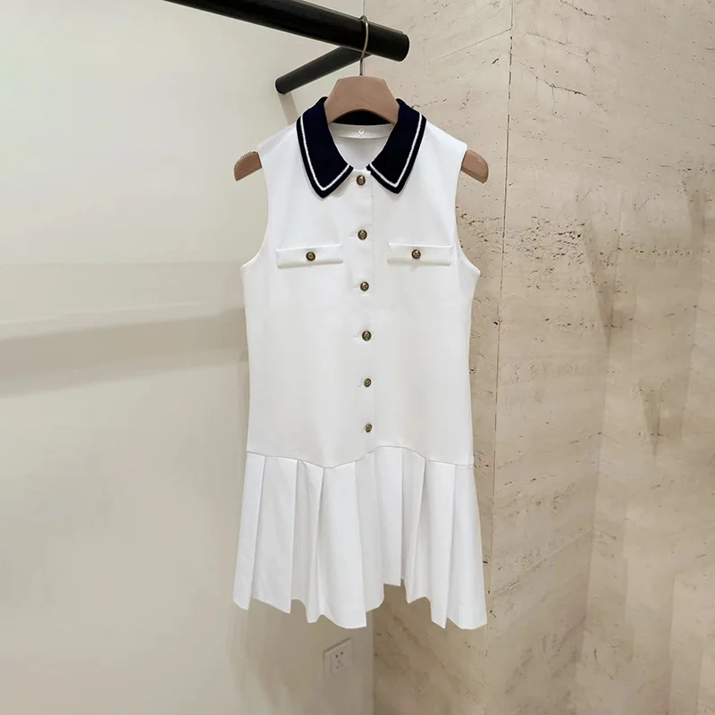 

White Dresses for Women Elegant Knitted Contrasting POLO Collar Sleeveless White Pleated Dress 2025 Summer New Style Vintage