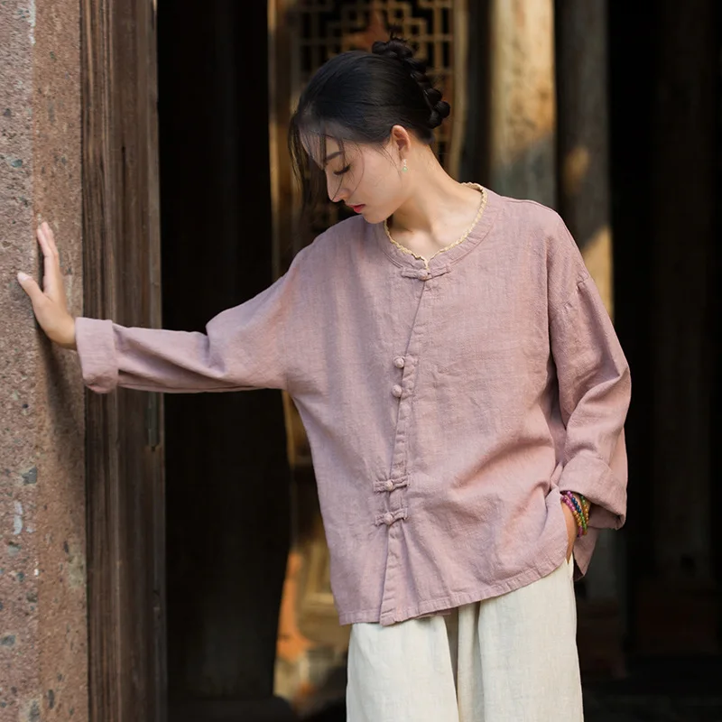 

F/W Ramie Blouse: Original Design, Frog-Button Collar with Lace, Modern Chinese Style.