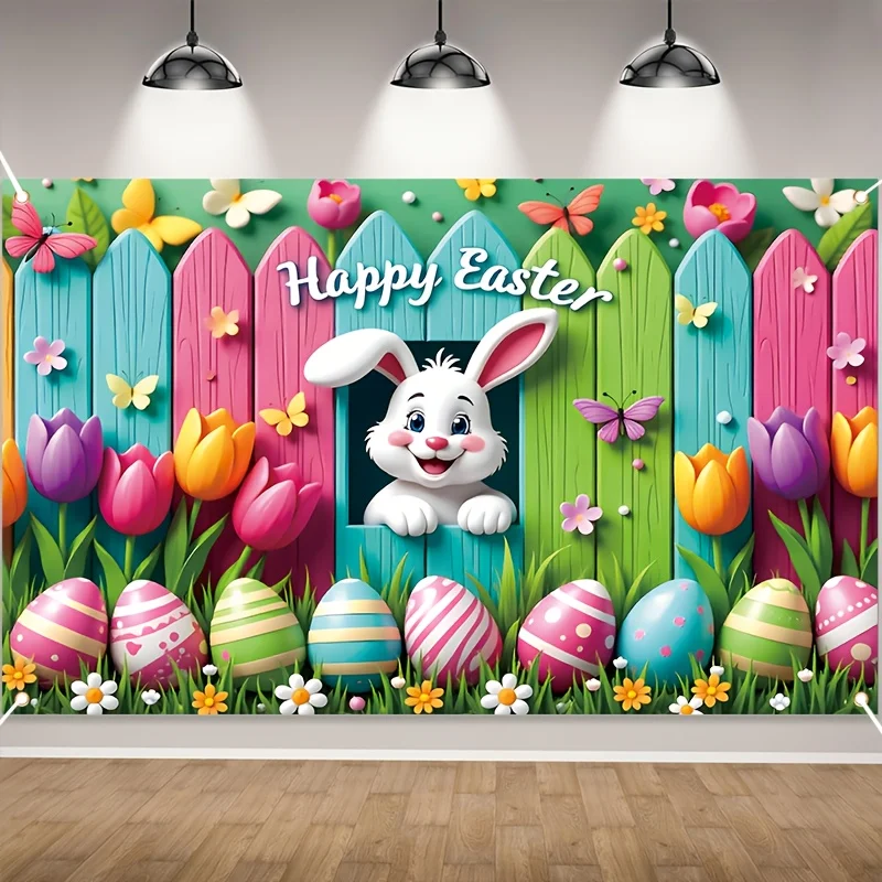 VIKAMA Oster-3D-Hasen-Wandteppich Realistisches Design Bunte Tulpen Wohnzimmer Kinderzimmer Deko Feiertags-Wanddekoration