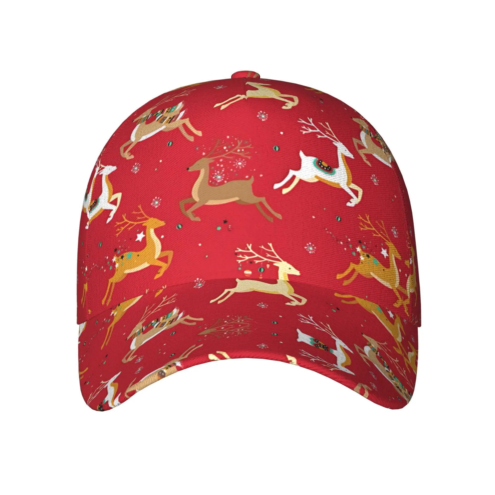 1pc Men's Unisex Retro Christmas Reindeer Print Trucker Hat Full Body Red Green Yellow Golden Deer Snowflake Design
