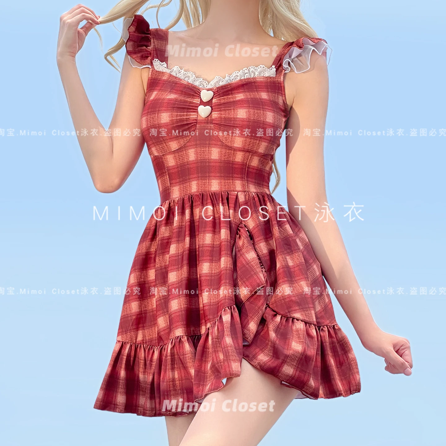 اليابانية الحلو لطيف JK فستان السباحة الدانتيل الخامس الرقبة أكمام عالية الخصر سليم منقوشة قطعة واحدة المايوه النساء الصيف ملابس السباحة