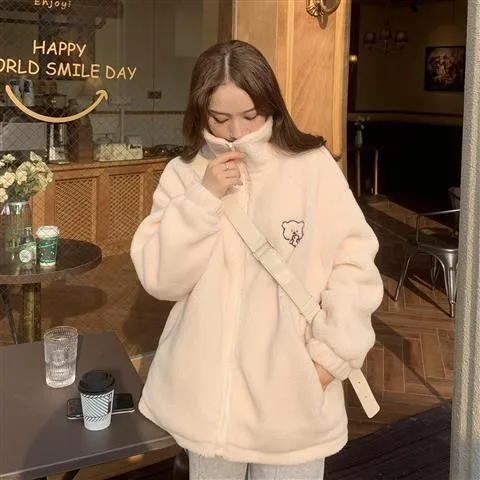 Kawaii Standing Collar Lamb Wool Women Sweatshirts Plush and Thickened Loose Cartoon Bear Woman Clothing Autumn and Winter 2023