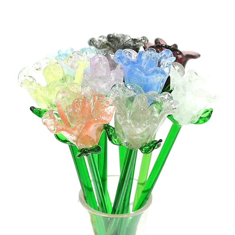 

Creative Murano Glass Rose Flower Figurine Craft Wedding Valentine's Day Favors Gifts Table Decoration Ornament Long Handle 16cm