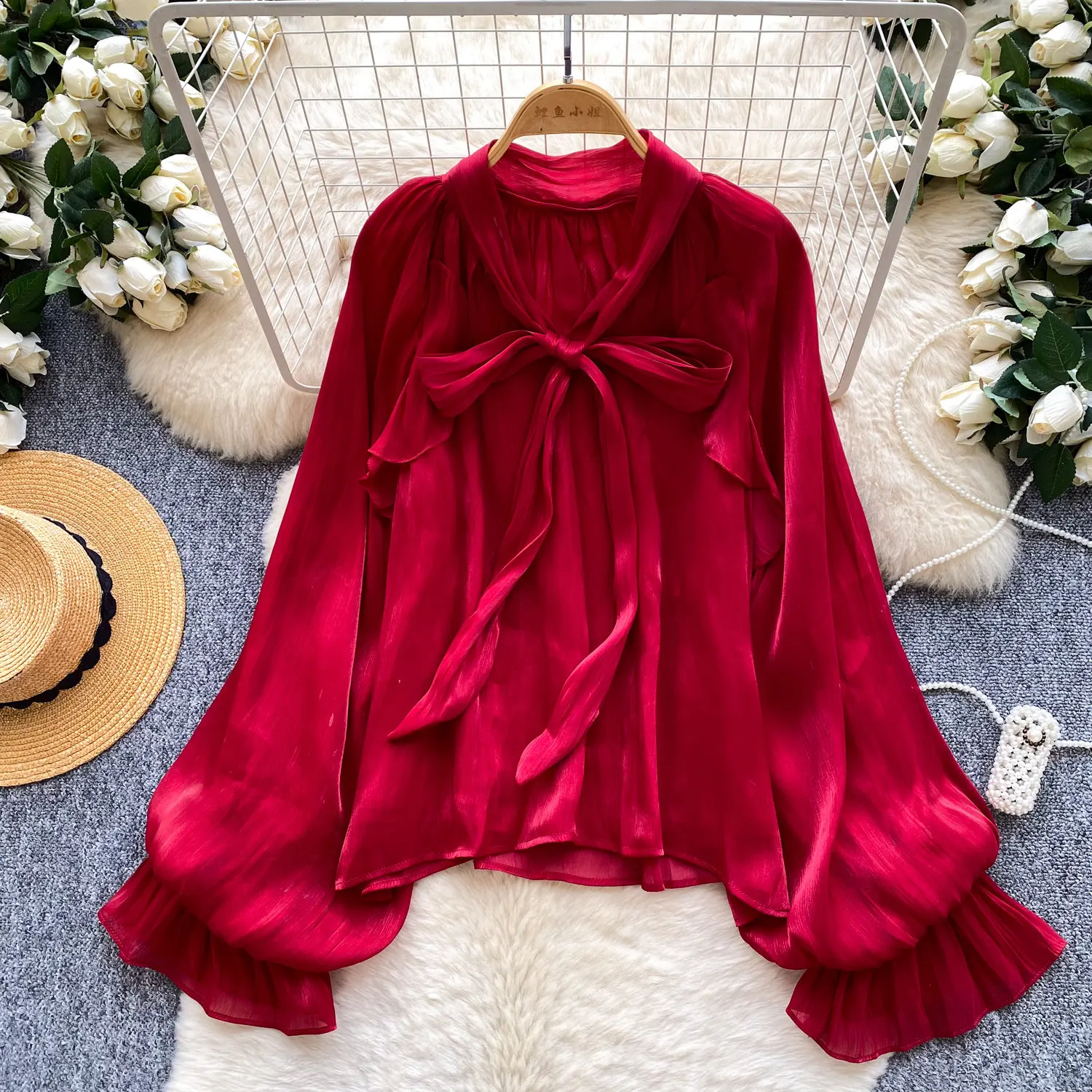 

European Vintage Bow Tie V-Neck Blouse Women Long Sleeve Loose Fit Shirt Spring Autumn Korean Style Office Lady Casual Top BL479