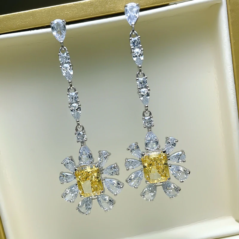 

Fashion Yellow Diamond Flower 925 Sterling Silver Artificial Gem Earrings New Style Earrings Versatile Banquet Luxury Flowers