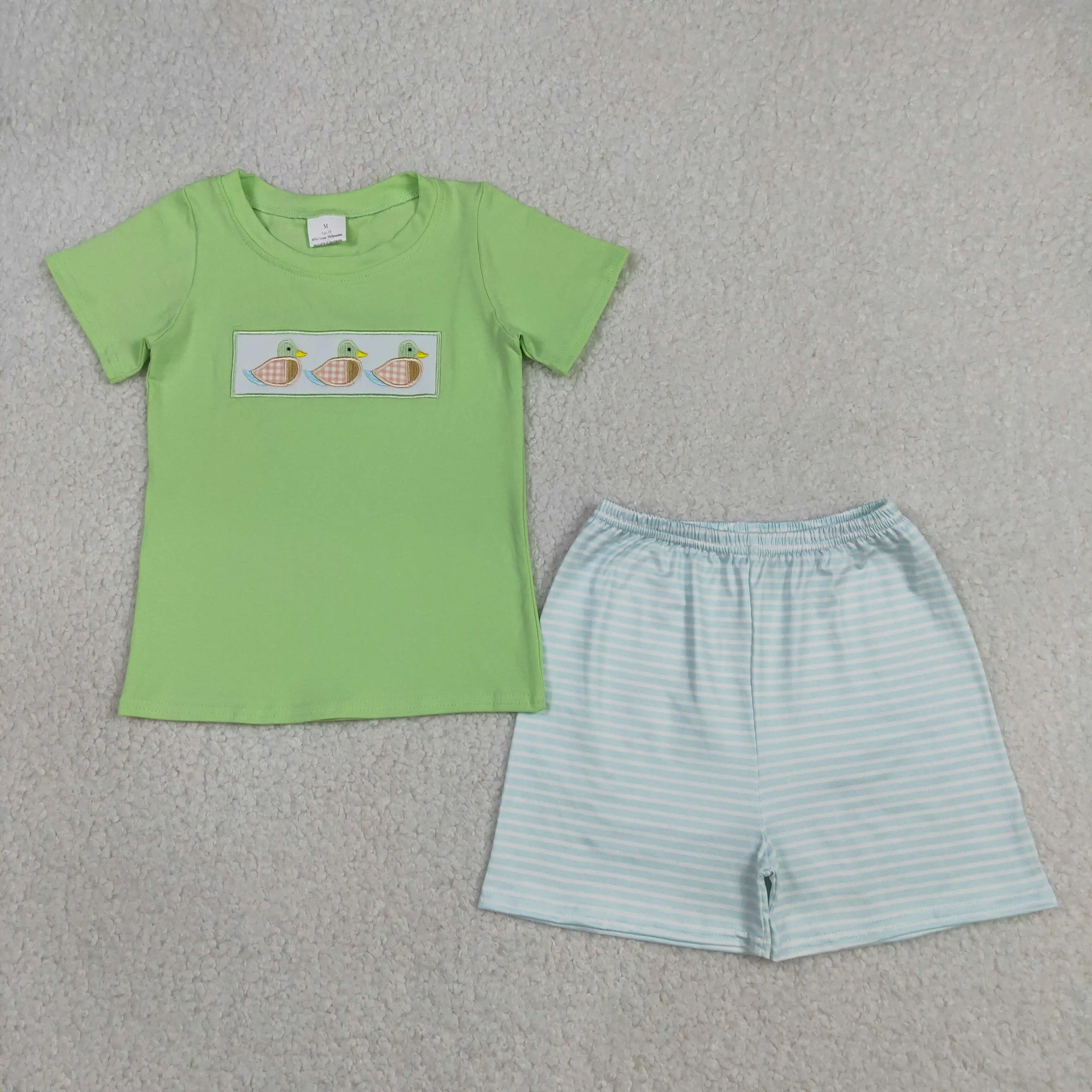 Wholesale Boys Embroidery Outfits Toddler Short Sleeves Ducks Green Shirt Children Kids Set Baby Boy Stripes Shorts Clothes