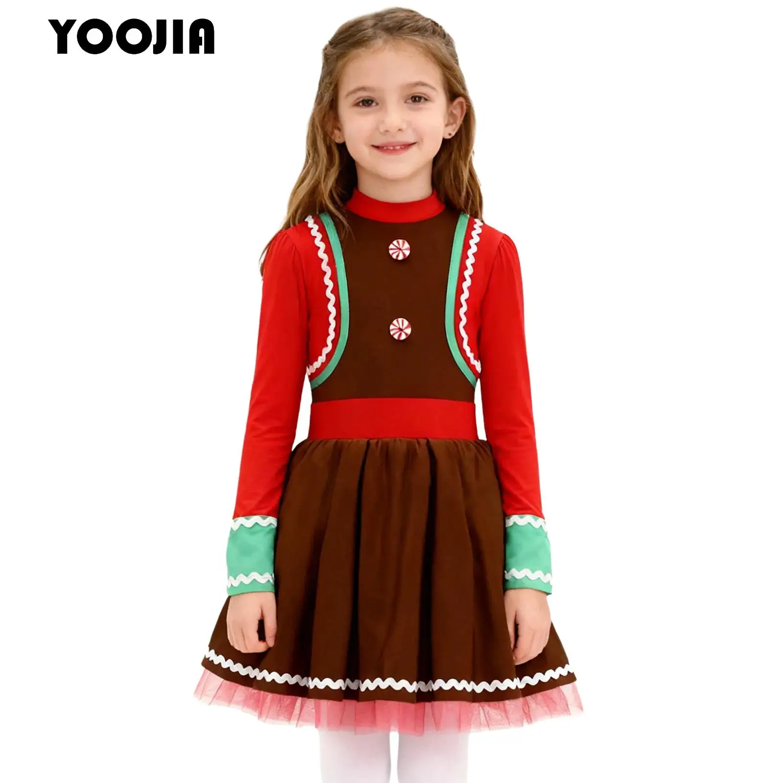 

Kids Christmas Gingerbread Dance Costume Girls Long Sleeve Wave Braided Cookie Ballet Leotard Figure Skating Twirling Tutu Dress