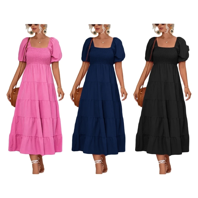 

Fashion Womens Square Neck Smocked Flowy Midi Long Dress Vintage Puff Short Sleeve Solid Tiered Ruffled Hem Swing A-Line Dresses