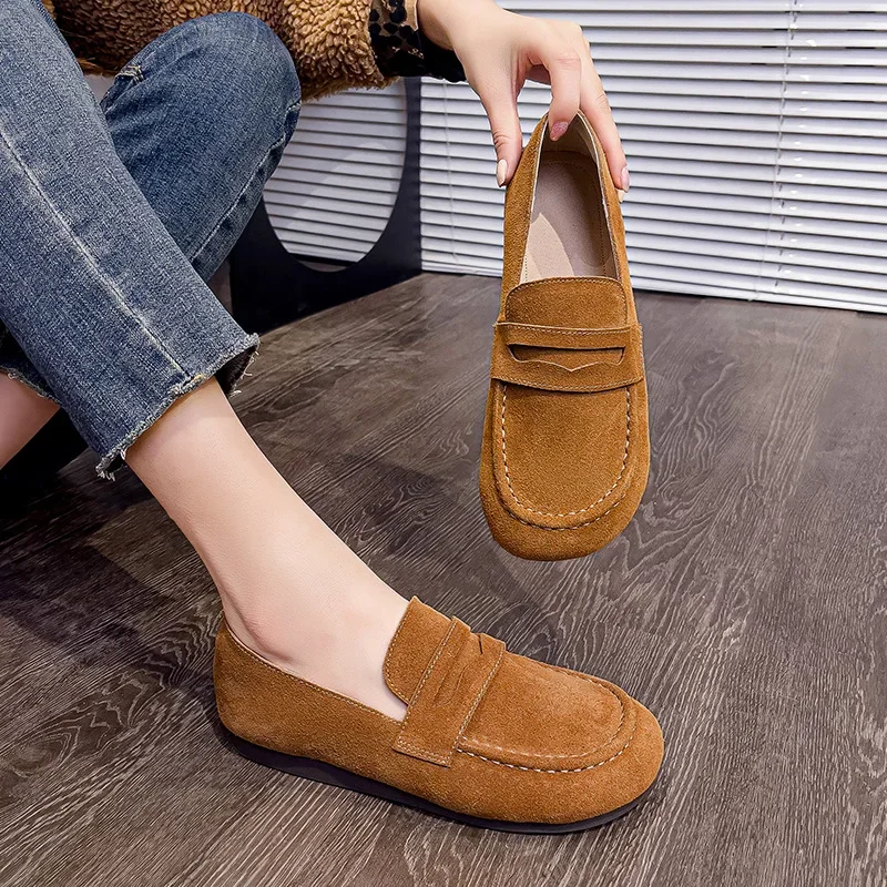 New Fashion Women Shoes Genuine Leather Soft Casual Shoes Spring Slip-On Loafers Cow Suede Flats Daily Flat Shoes