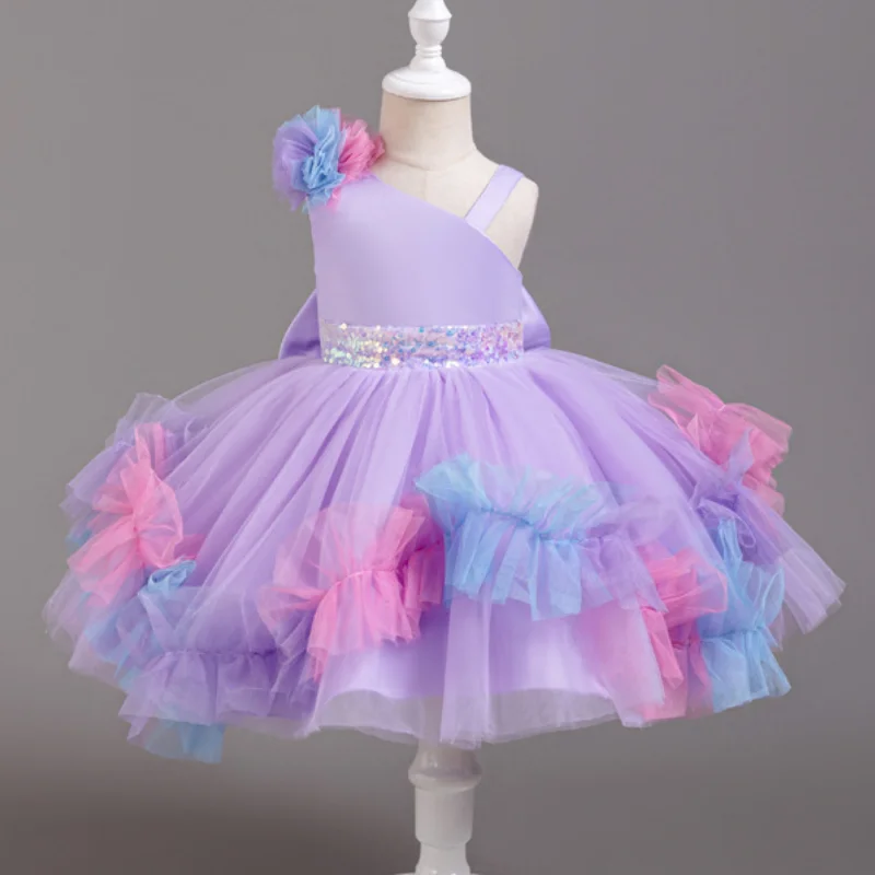 Summer New Girl\'s Decal Sequin Mesh Irregular Collar Colored Sweet and Cute Princess Dress School Graduation Ceremony Dress