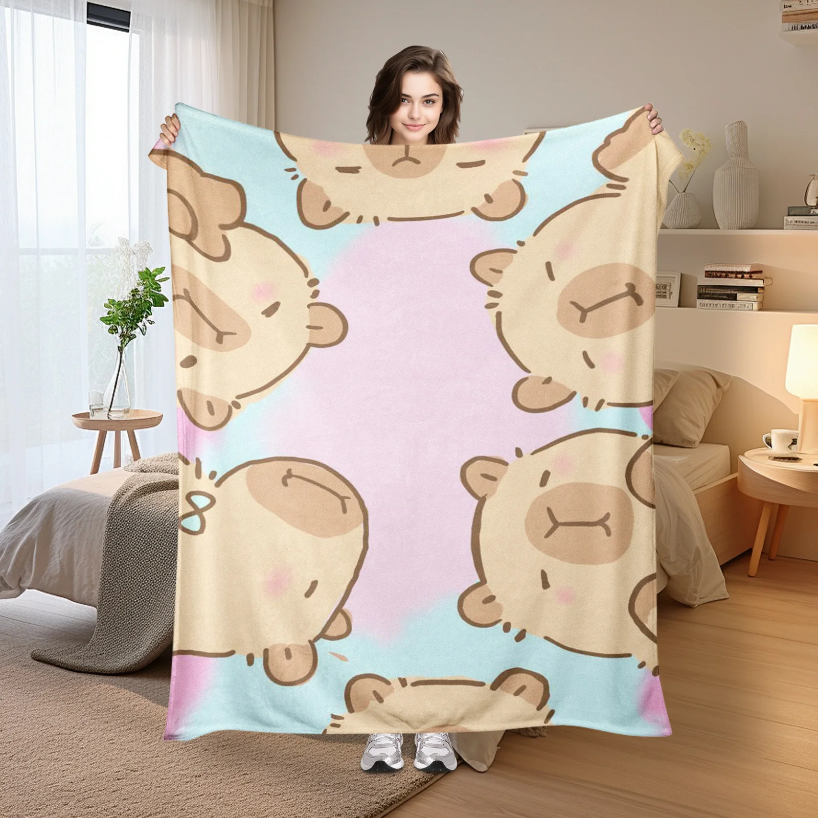 Playful Cartoon Capybara Design In Pink And Blue Cozy Blanket For Adding A Fun And Vibrant Element To Your Living Space