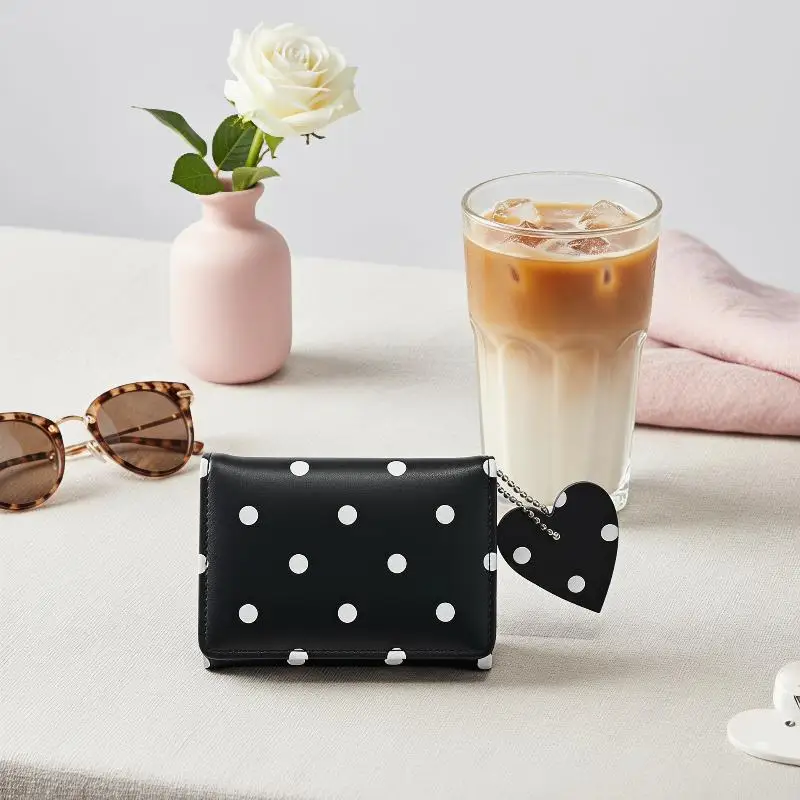 Polka Dot PU Leather Mini Wallet Lovely Heart Pendant Slim Pocket Size Card Holder for Women Casual Outdoor Activities