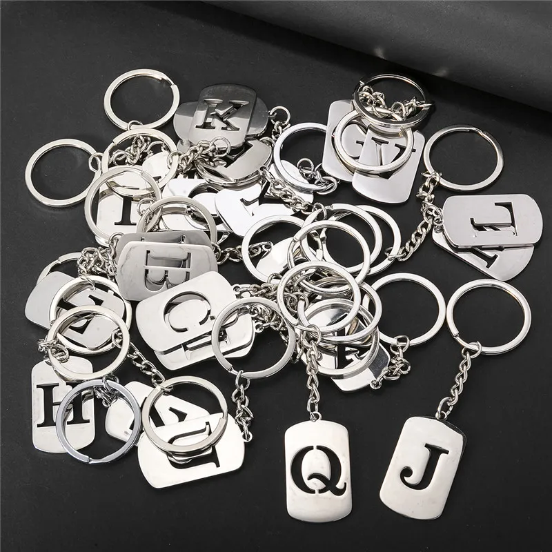 Simple Initial 26 Letters Stainless Steel Keychain Silver Color Alphabet Key Ring Pendants for Car Key Handbags DIY Accessories