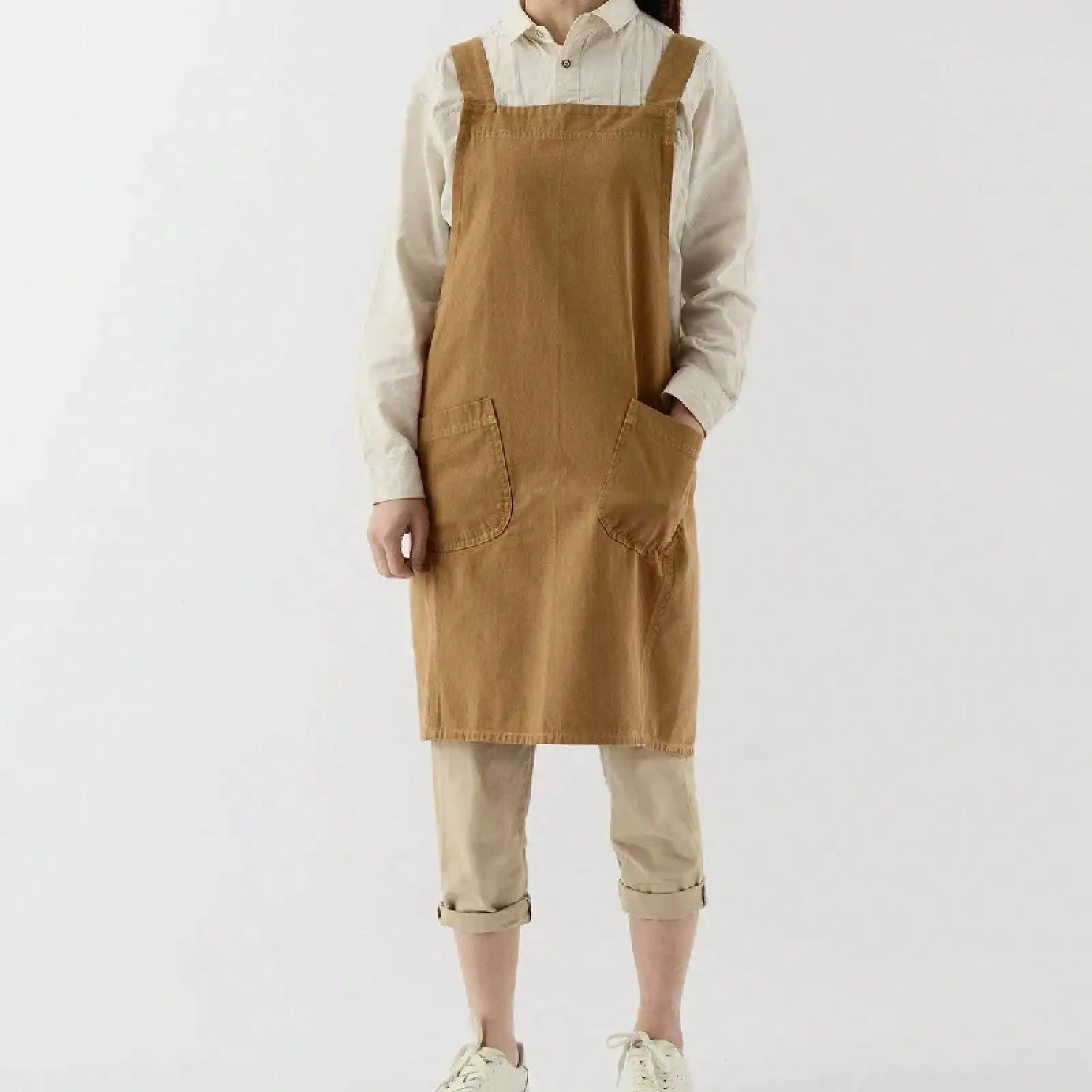 

Brief Nordic Wind Pleated Skirt Cotton Linen Apron Women Girls Vintage Apron Gardening Works Cross Back Pinafore Dress