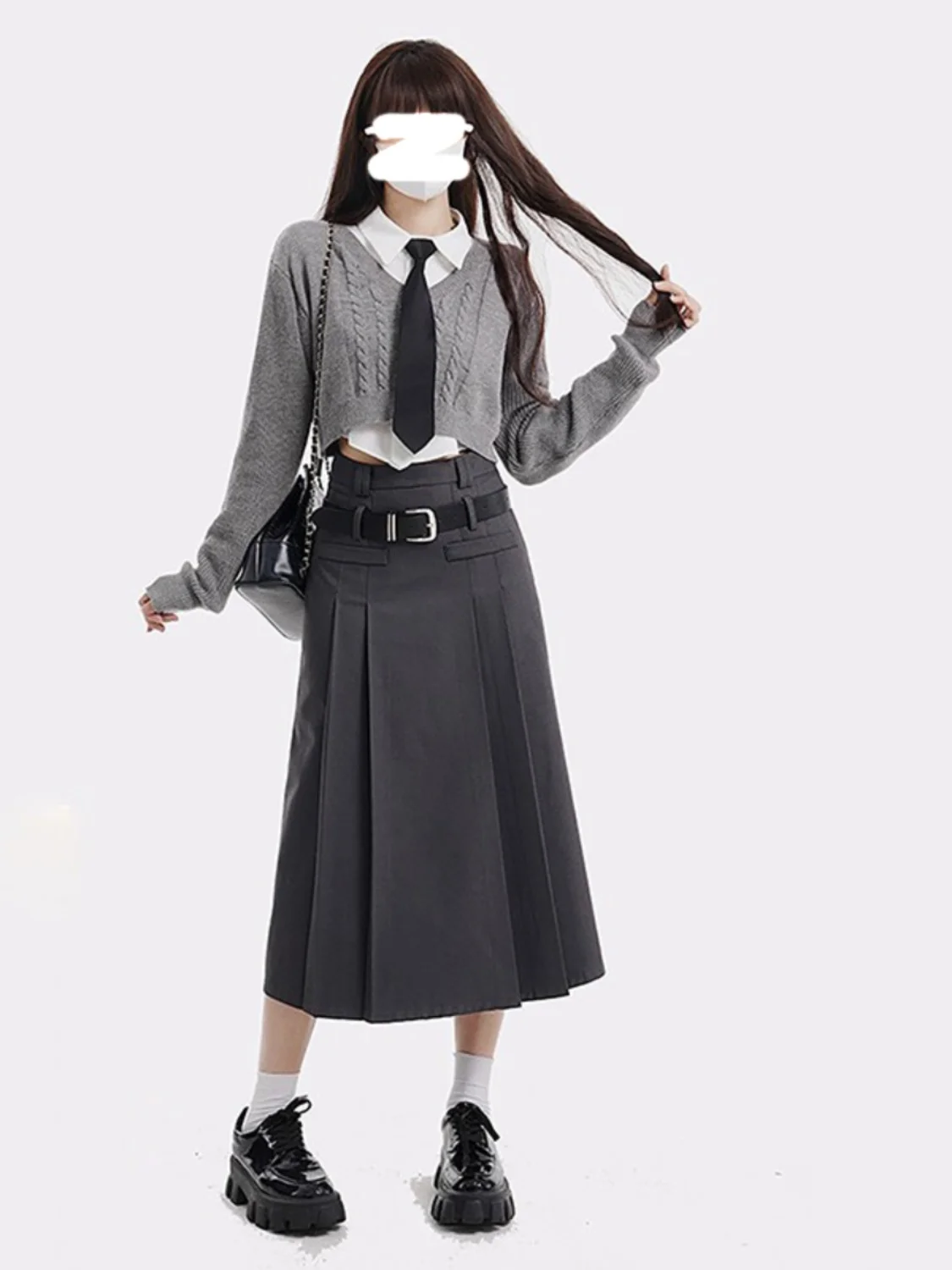 

College Style Knitted Vest Shirt Underwear Women's Three-Piece Set Autumn Winter High Waist Skirt Retro American Spicy Girl