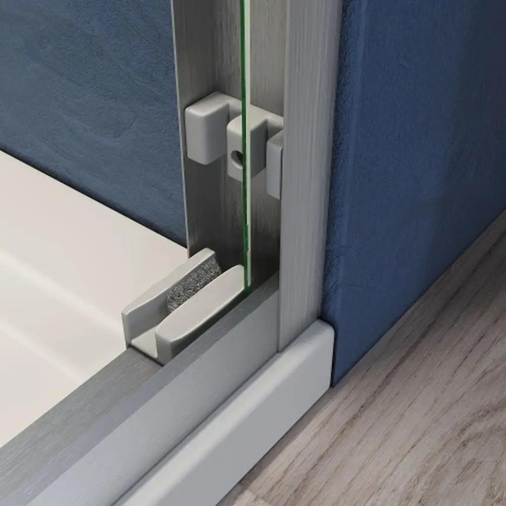 56-60 بوصة. باب حوض استحمام زجاجي منزلق من النيكل المصقول شبه بدون إطار مع مقابض من الزجاج المقسى والفولاذ المقاوم للصدأ