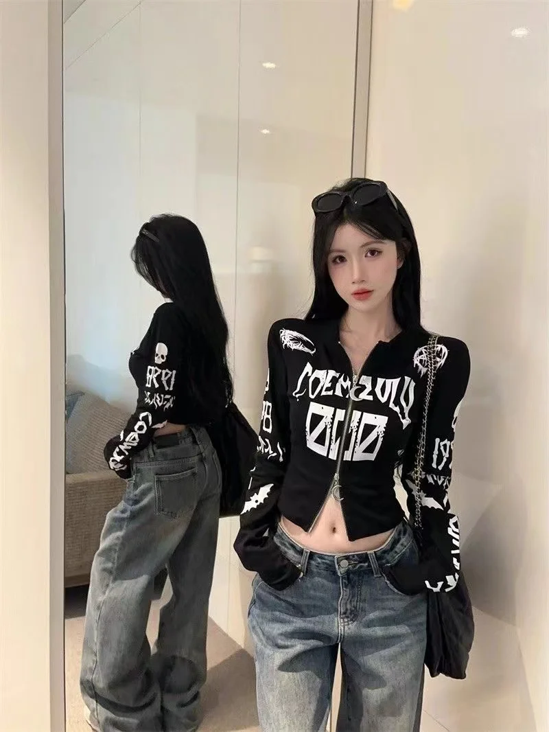 

y2k letter printed short long-sleeved autumn T-shirt new hot girl outer wear zipper cardigan slim slimming bottoming top