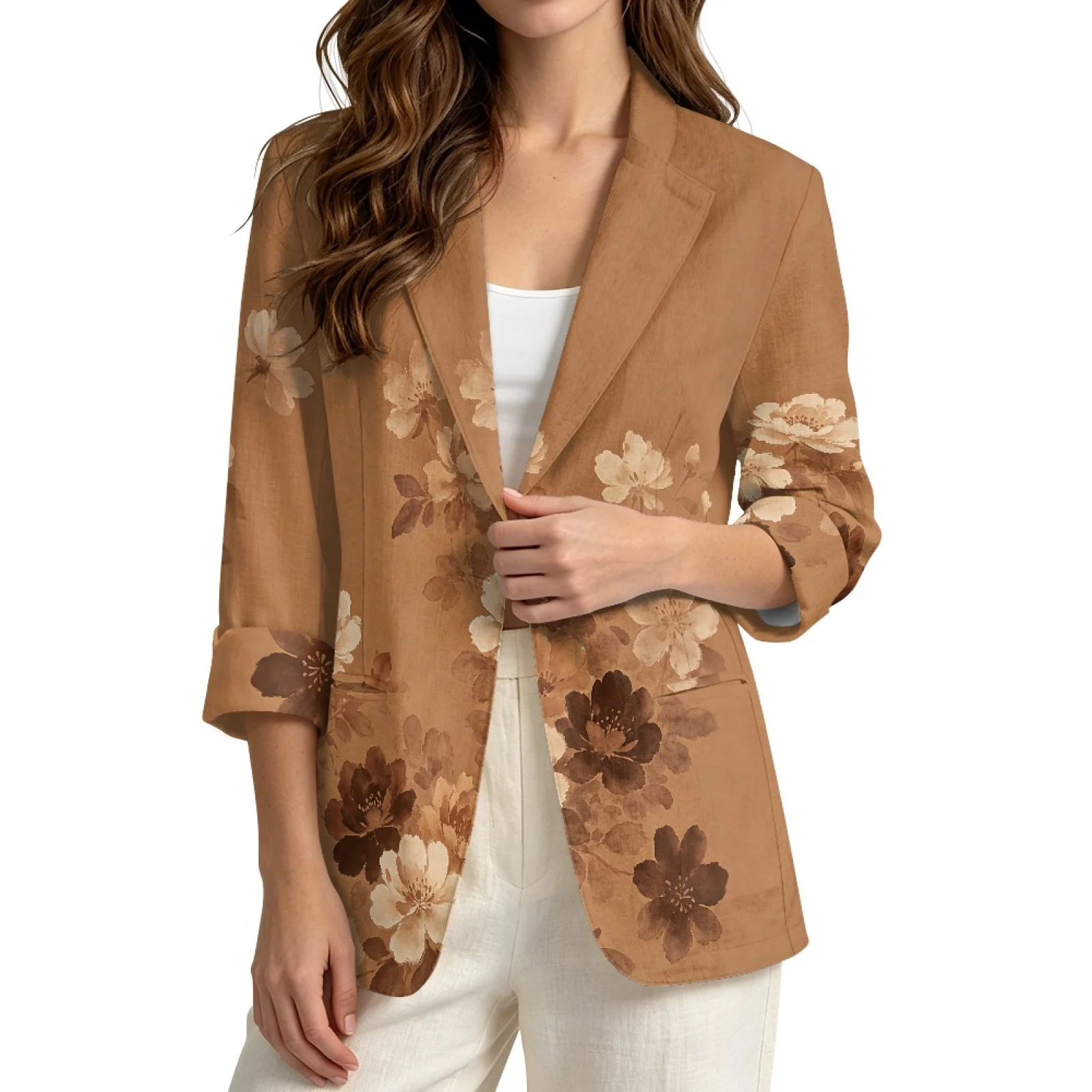 PENSTROLL Brown Floral Print Linen Like Outerwear Cover Up for Home Lightweight Open Front Tops Cover Up Cardigans