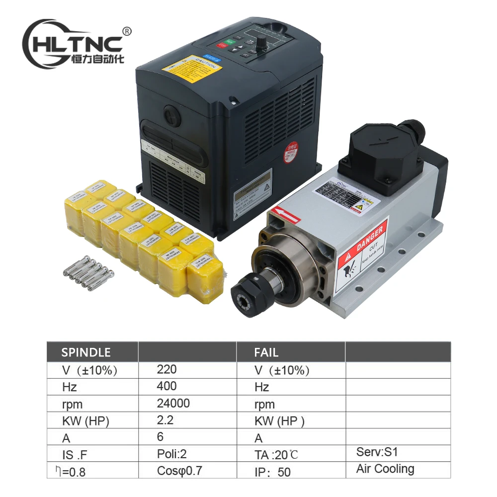 Hot Verkoop 2.2KW CNC Spindel Motor 220 v ER20 Spindel 0.9Nm 24000 RPM + 2200 w VFD 50/60 hz + 13 stks ER20 Collet