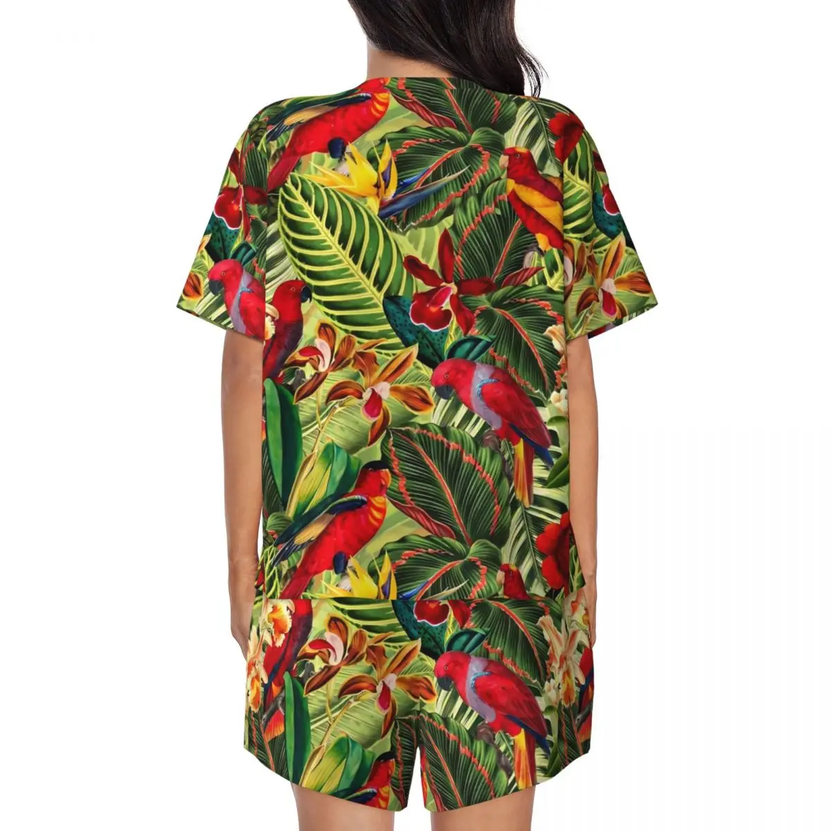 Tropical Birds Flower Pajamas Daily 2 Pieces Leaves Print Lovely Pajamas Set Female Short Sleeve O Neck Night Graphic Home Suit