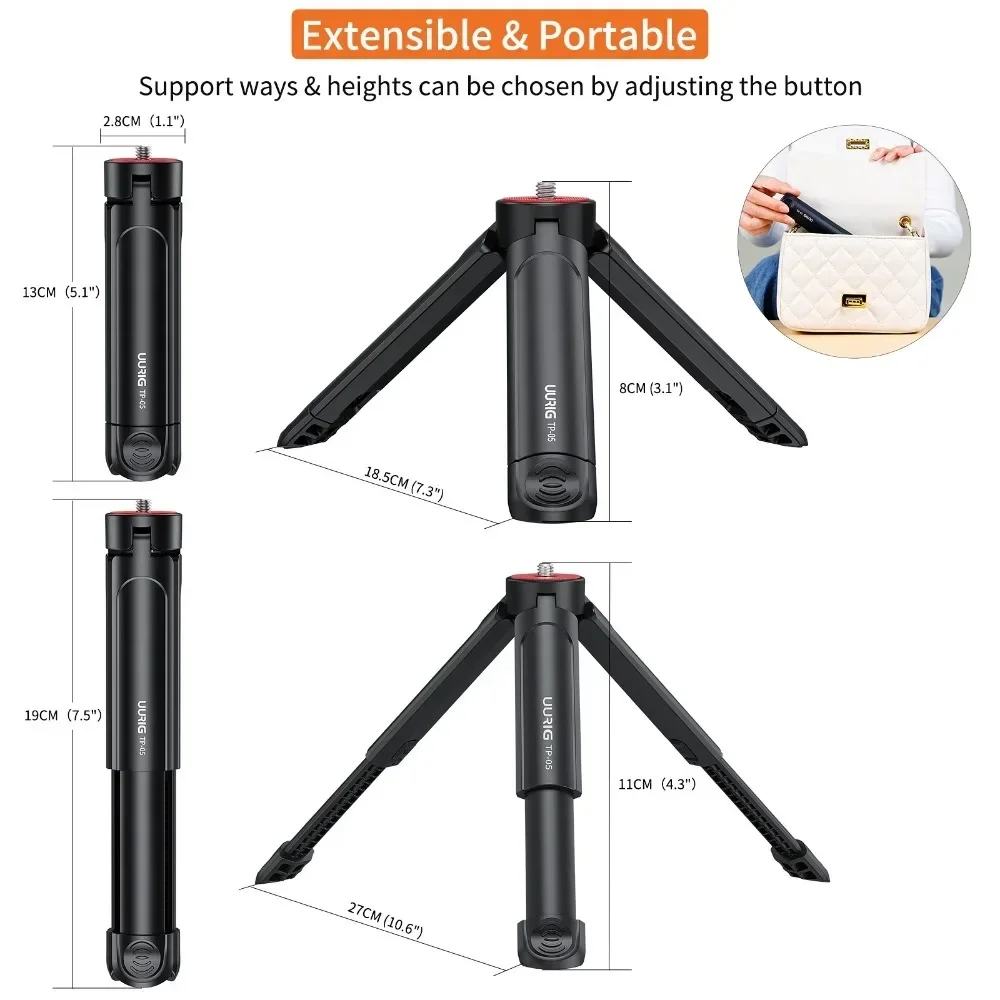 Tripod meja TP-05 dapat diperpanjang, dudukan Tripod Mini dengan sekrup 1/4 inci untuk kamera penjepit ponsel kepala bola