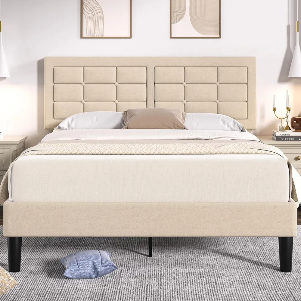 

VECELO Queen Size Bed Frame with Adjustable Headboard, Upholstered Button Tufted Platform Bedframe with Wood Slats Support, No B