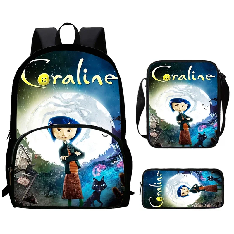 3Pc Set Co-ra-line Printed Kids School Backpacks with Shoulder Bag Pencil Case,Cartoon Child Book Bags for Pupil Students