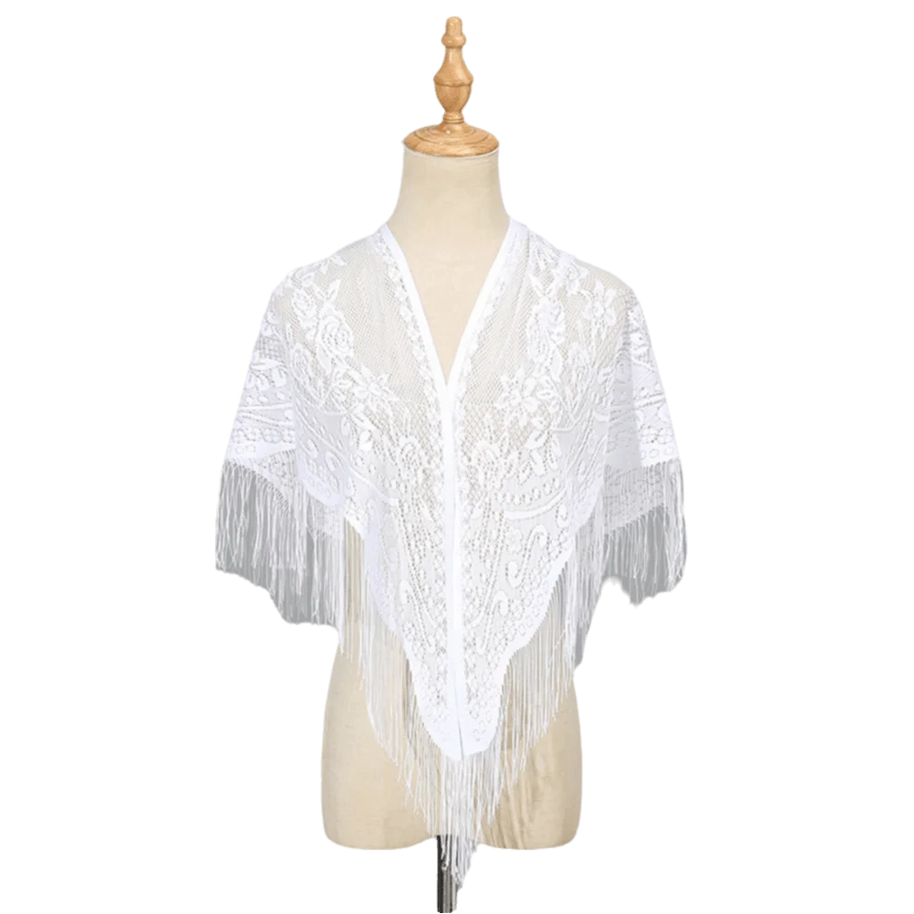 Elegant Polyester Lace Hollow Scarf Embroidery Transparent Tassel Triangle Shawl Pure Color White Mesh Scarves Church