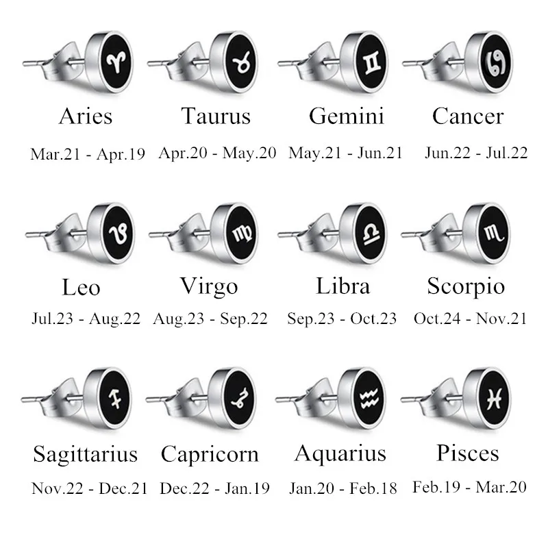 1 Single Stainless Steel Zodiac Signs 12 Constellations Stud Earrings for Women Men