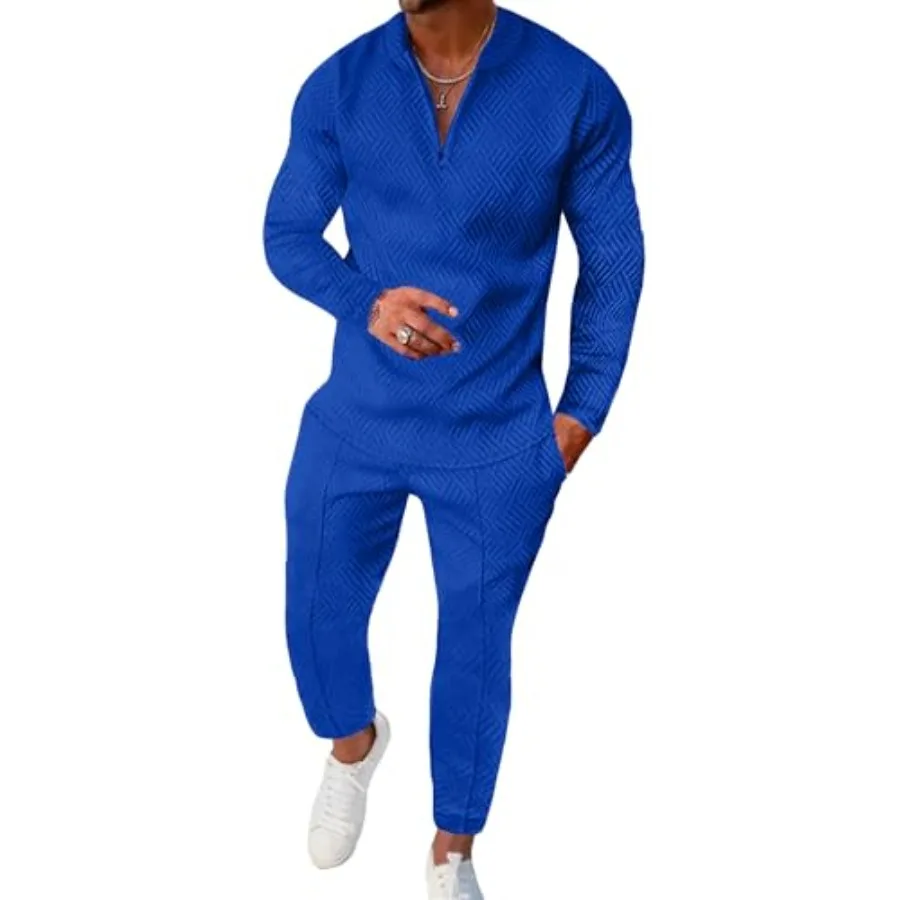 

Мужской спортивный костюм Bealin из 2 предметов: футболка-поло с длинным рукавом на молнии и текстурированные спортивные брюки, повседневный комплект для бега