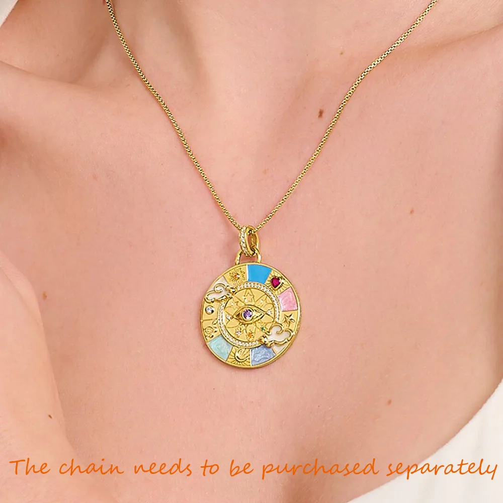 Pendant Wheel of Fortune Amulet Magical Lucky Symbols Golden Jewelry 925 Sterling Silver Women Men Vintage Gift