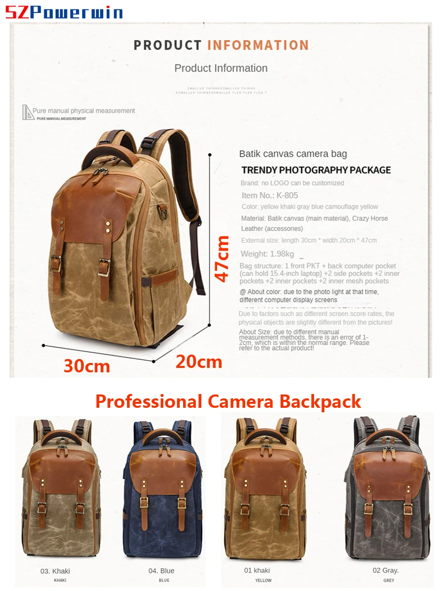 Powerwin Professional Waterproof DSLR Camera Backpack USB Chargering Canvas Top Layer Cowhide Leather Bag for Lens Laptop