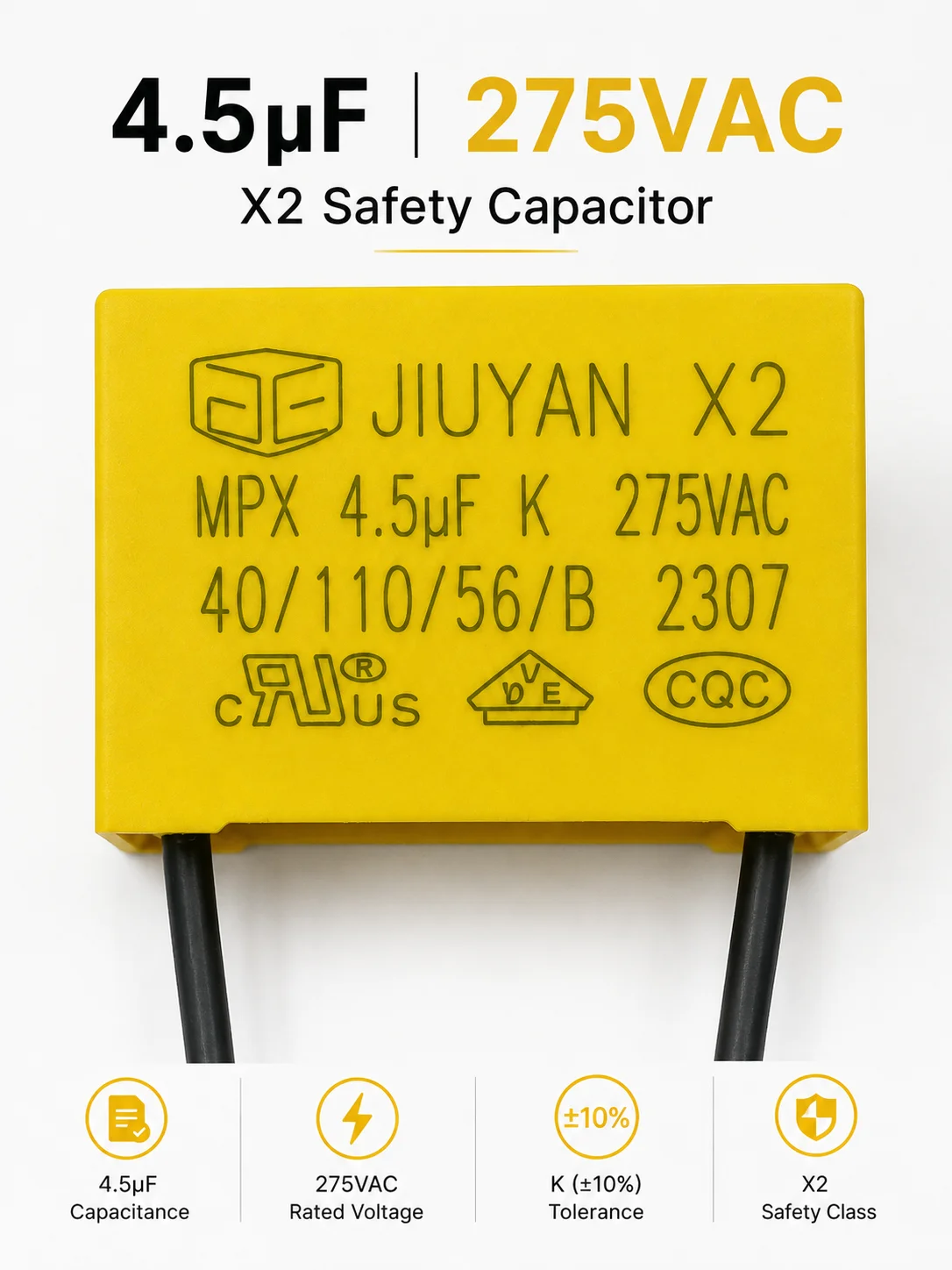 4.5uF 275VAC X2 Safety Capacitor Film AC Suppression Capacitor Wire Lead for Smart Switch Light Fan