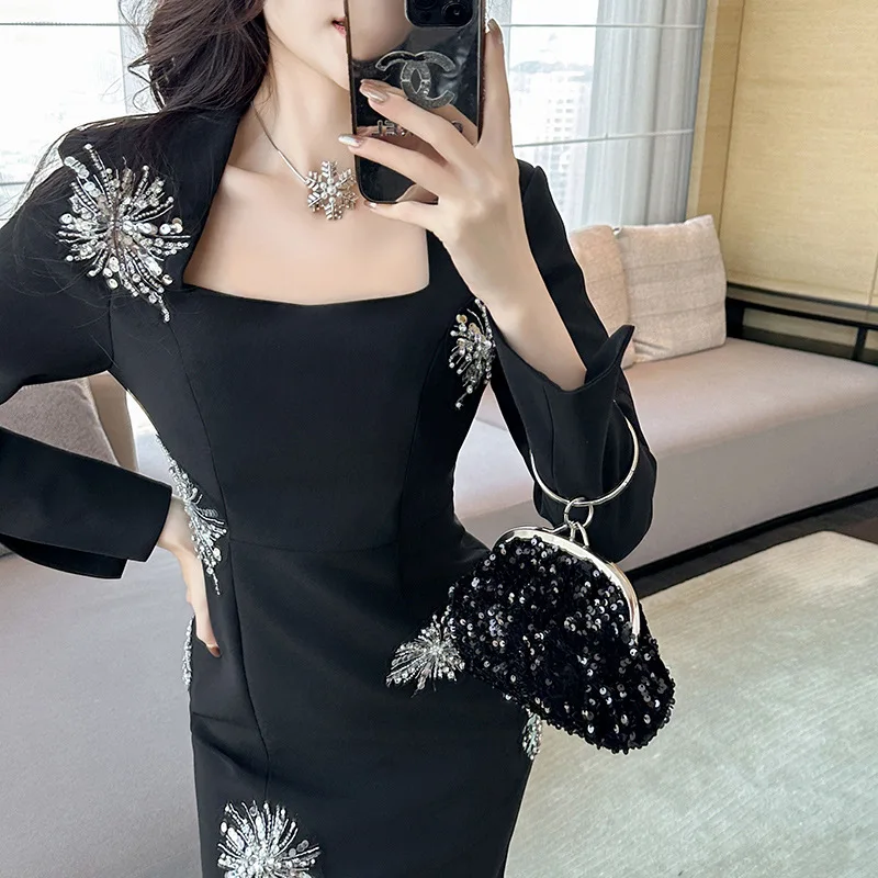 Autumn New Heavy Industry Design Diamond-Embedded Square Collar Hip Bag Dress Female Adult Lady like Woman Style Little Black