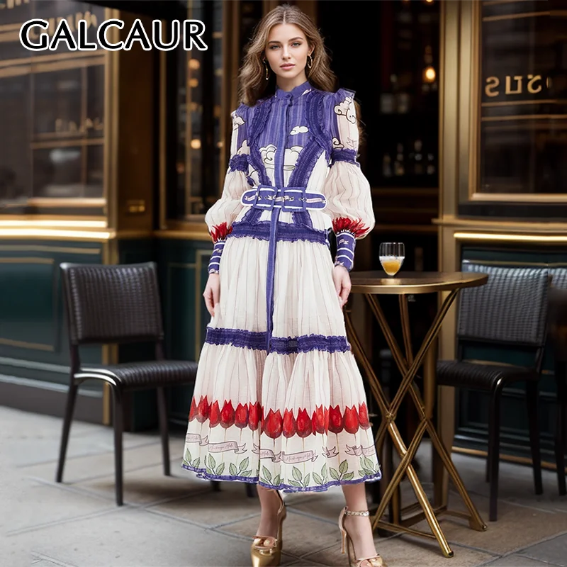 

GALCAUR Vintage Print Women Dress Stand Collar Lantern Sleeve Single Breasted High Waist With Belt Hit Color Spring Dress Female