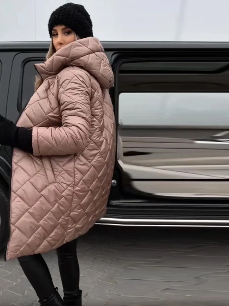 

Hooded Women's Jackets Coat Diamond Grid Zipper Pocket New Outwear Female Casual Chic Solid Loose Street Long Coats For Ladies