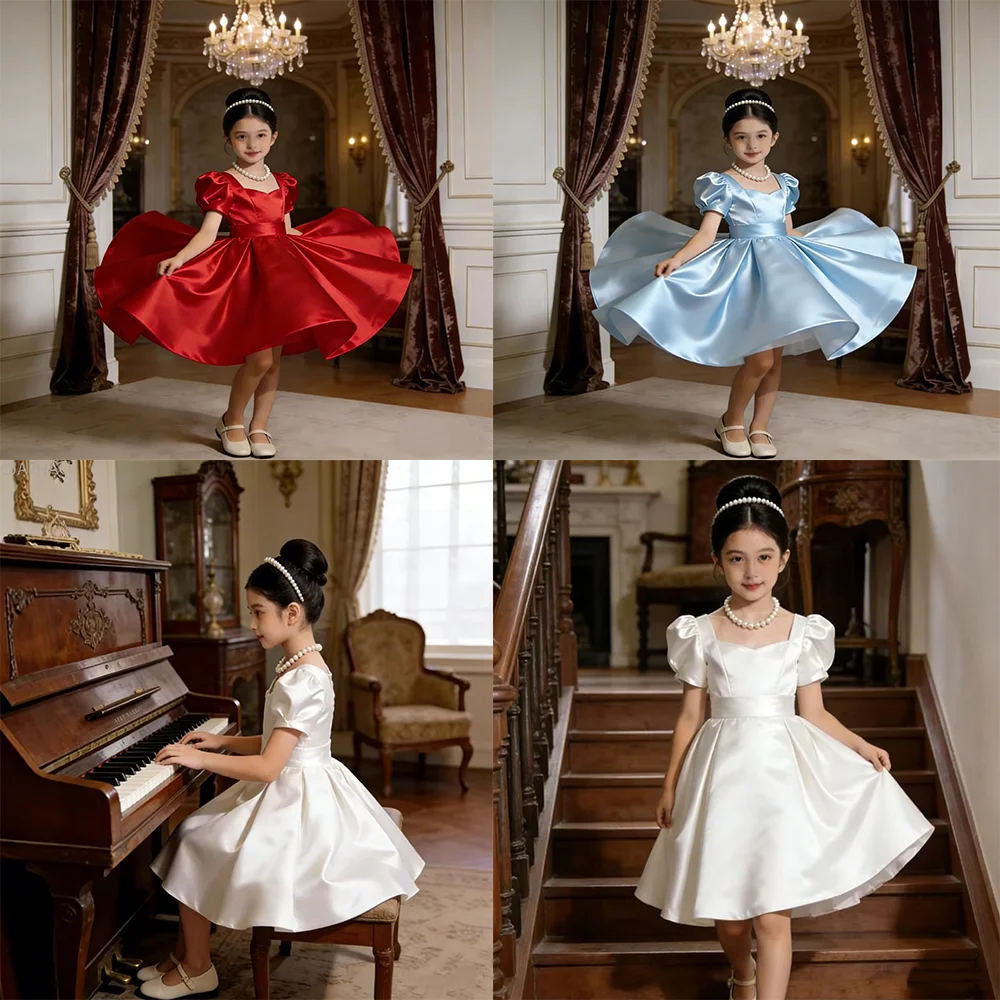 Red Satin Children Flower Girl Wedding Birthday Dress Ruffle Piano Performance Gown Host Outfit Pageant First Communion Formal