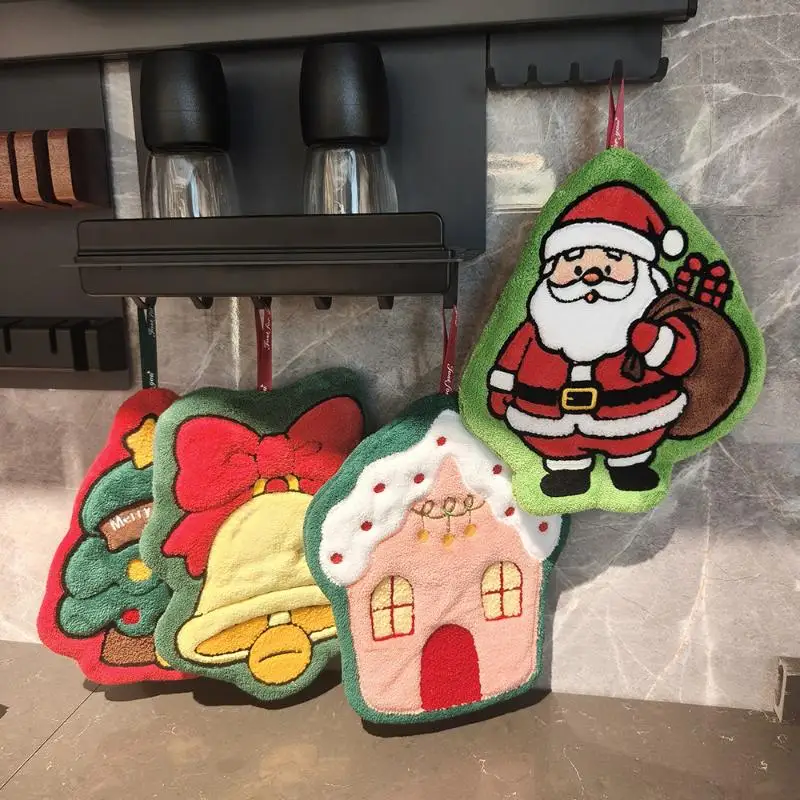 Cute Cartoon Christmas Hanging Hand Towels Super Absorbent Soft Coral Fleece Perfect For Kitchen Bathroom Holiday Home Decor