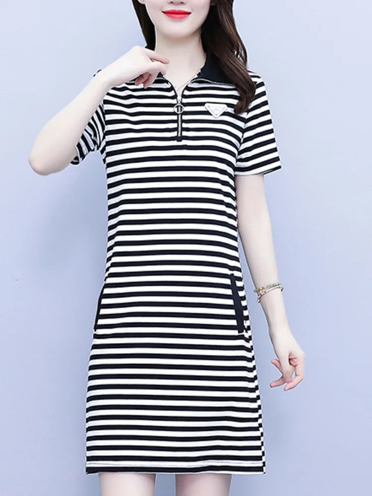 #7946 Black Striepd Short T Shirt Dress Women Turn-down Collar Zipper Polo Shirt Dress Femme Short Sleeve Slim Office Mini Dress