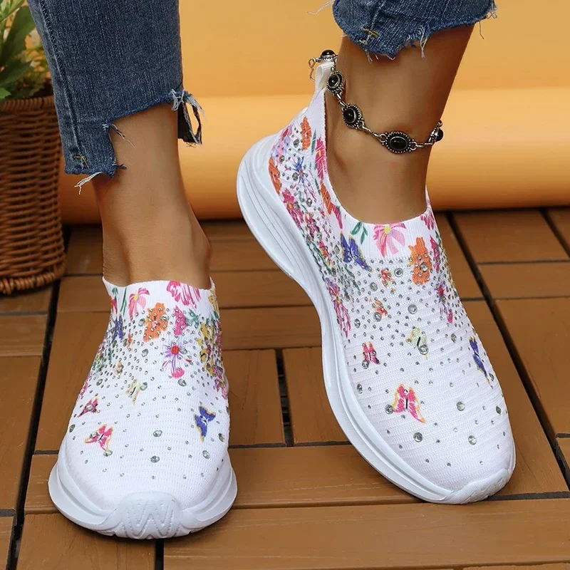 Women\'s floral print sports shoes, women\'s sparkling crystal breathable walking shoes, plus size 43