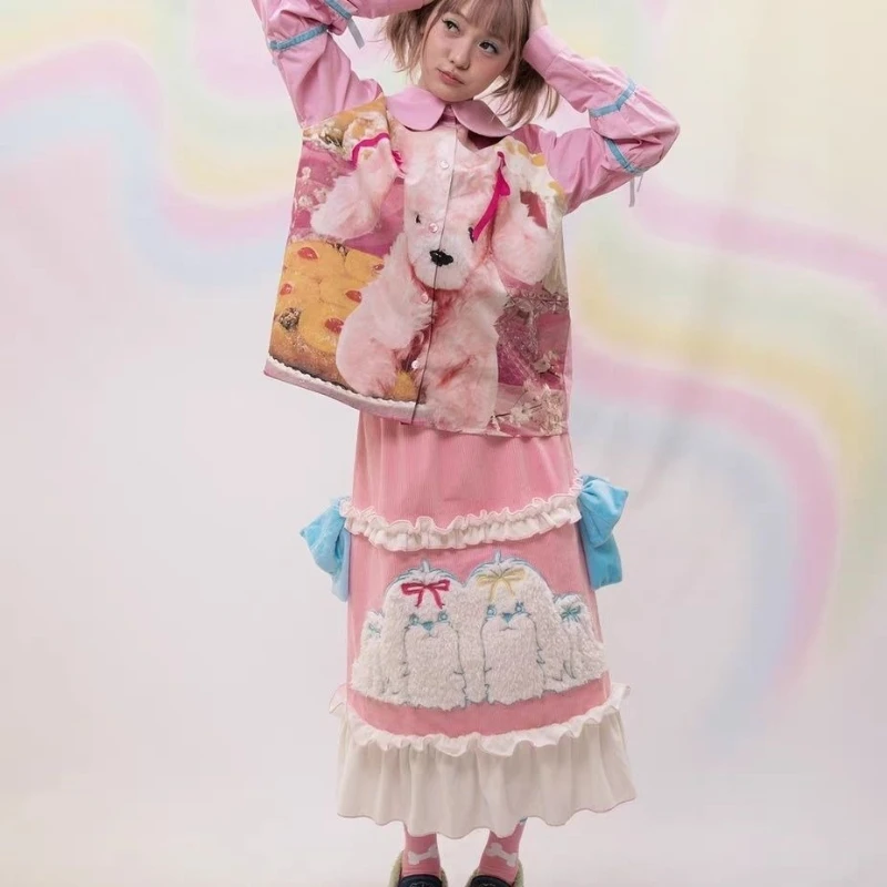 Autumn Winter Kawaii Cute Corduroy Midi Skirt Women Sweet Cartoon Dog Embroidery Ruffles Long Skirts Harajuku Y2k Party Skirts