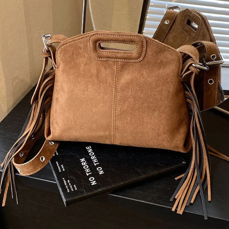 

Crossbody Tassel Women's Bag Trend Elegant Suede Texture Large Capacity Hand-held Bag Adjustable Strap Simple Vintage Tote Bag