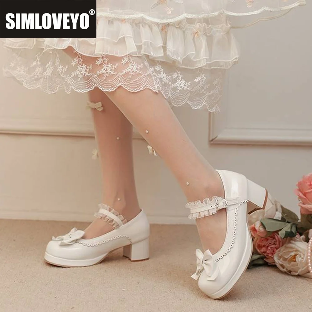 

SIMLOVEYO 2025 Lolita Style Girls' Pumps 5cm Block Heels 1.5cm Platform Mixed Color Bowtie Big Sizes 45-48 Sweet Shoes