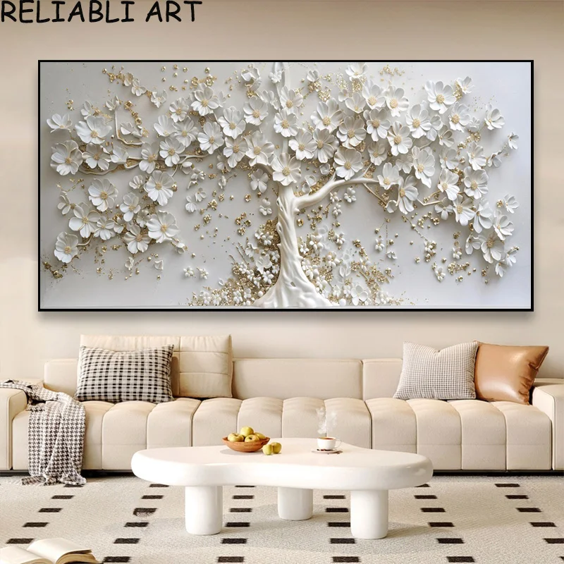 3D Golden White Flower Tree Poster and Prints Light Luxury Canvas Painting Wall Art Pictures for Living Room Home Decor No Frame