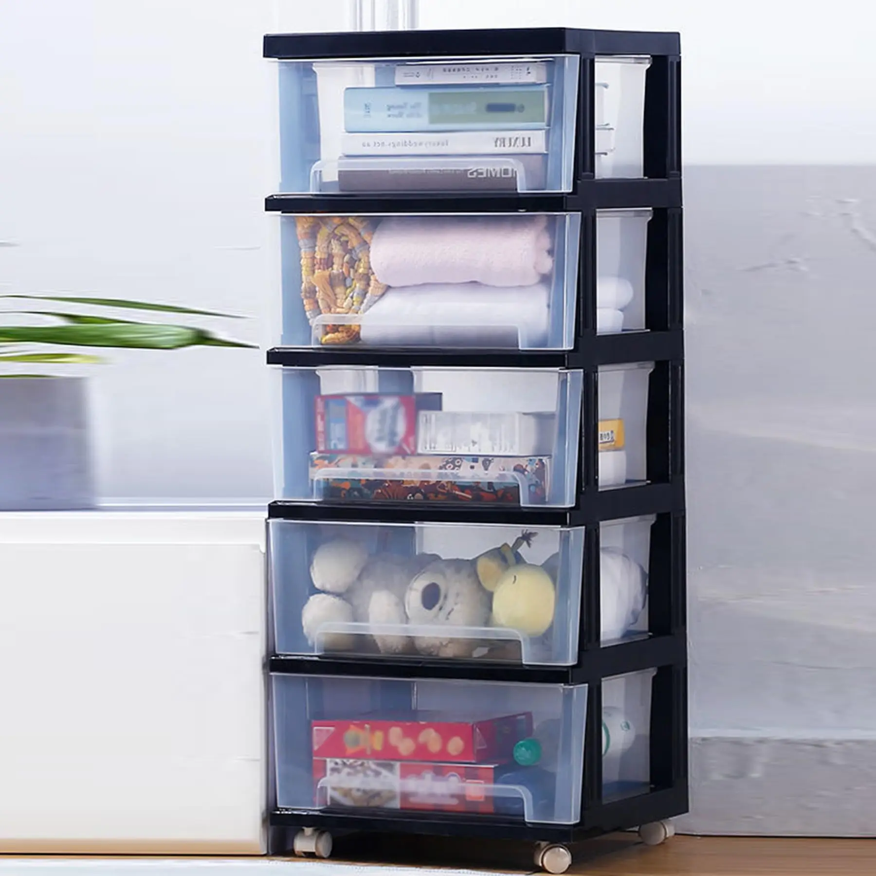 

Plastic Rolling Cart,5 Drawers Storage Cabinet with Wheels,Clear Drawer Storage Organizer for Home Office
